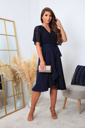 Navy Wrap Lace Dress with Frill Hem Double Second